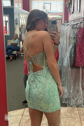 Misshow Sparkly Light Green Corset Tight Short Homecoming Dress/Mini Dress with Beadings